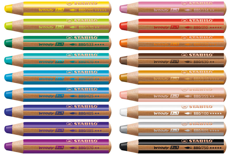 STABILO Woody 3 in 1 ARTY - Pack of 18 - Assorted Colours with Sharpener and Paint Brush