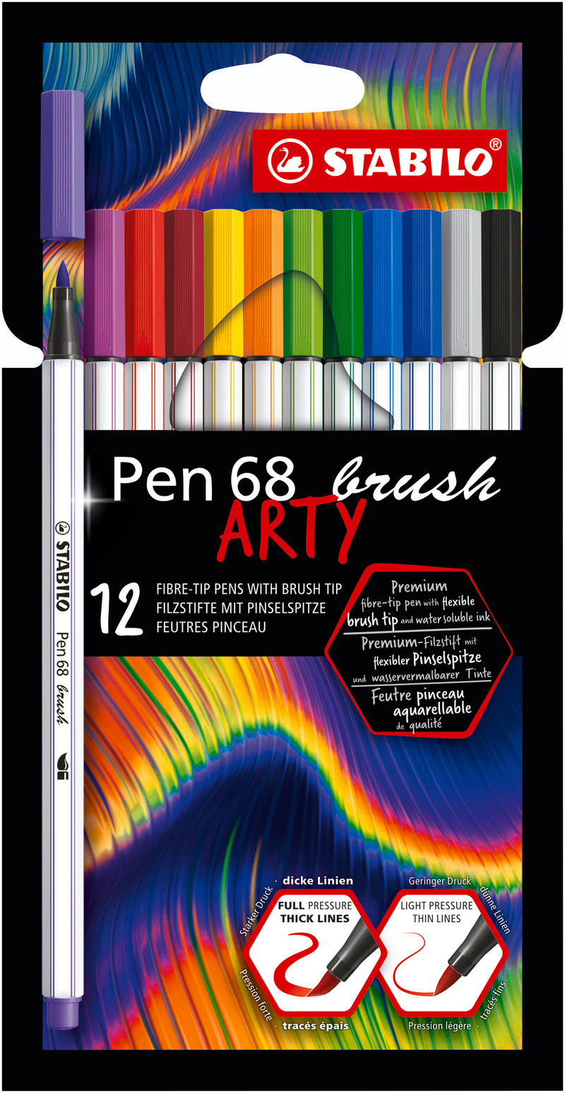 STABILO Pen 68 Brush ARTY - Pack of 12 - Assorted Colours