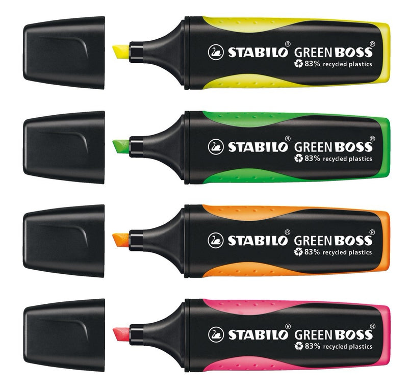 GREEN BOSS Highlighters - Pack of 4 - Green, Pink, Orange, Yellow