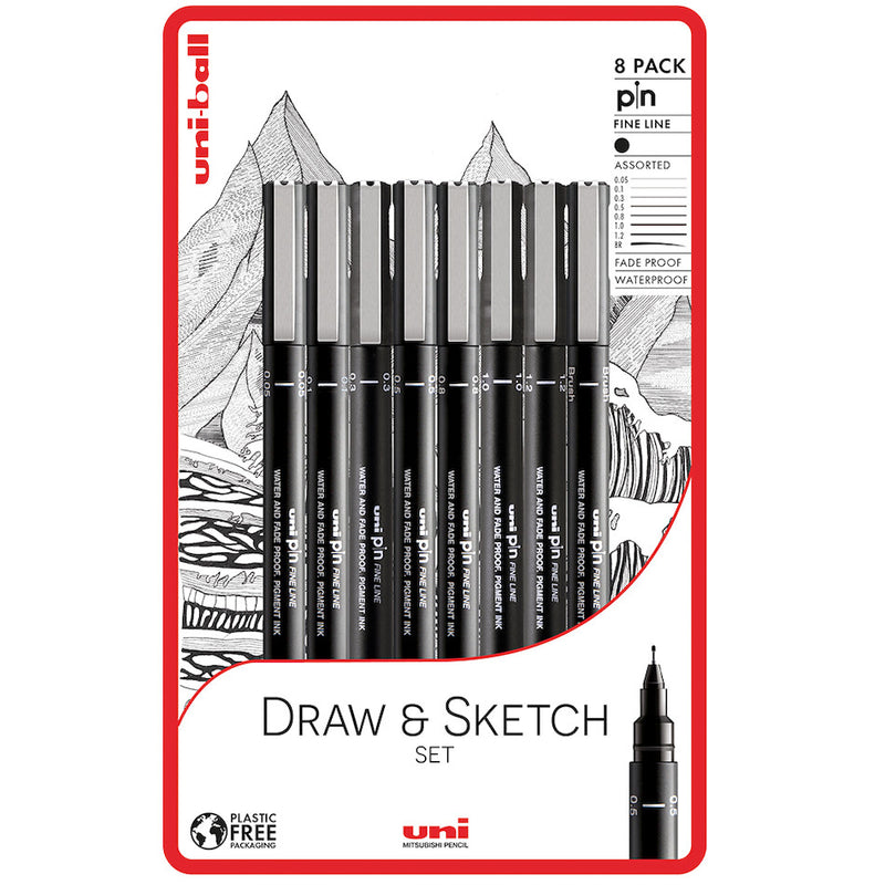 UNIpin Drawing Pen - Black - 8 Piece Draw and Sketch Set