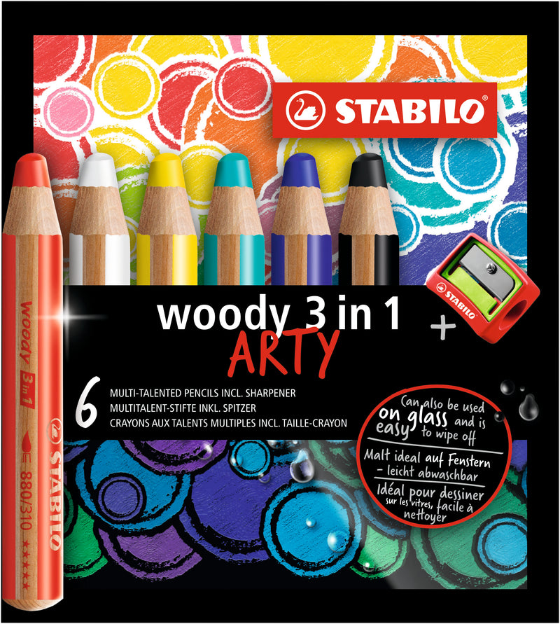 STABILO Woody 3 in 1 ARTY - Pack of 6 - Assorted Colours with Sharpener