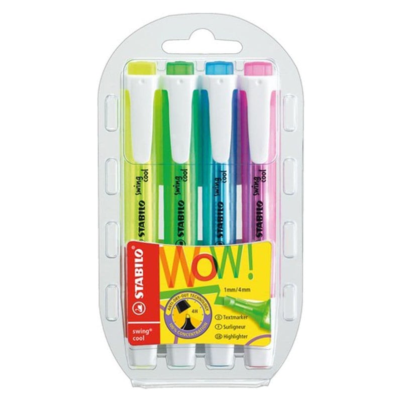 STABILO swing cool Highlighters - Pack of 4 - Yellow, Green, Blue, Pink