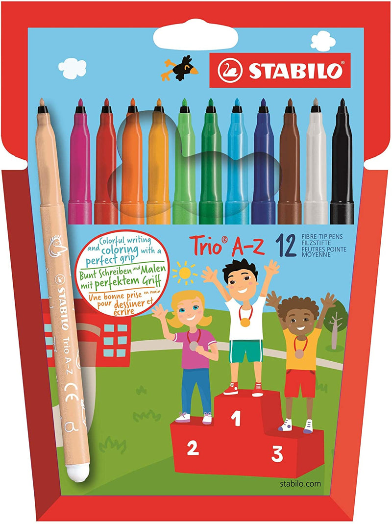 Trio A-Z Fibre Pens - Pack of 12 - Assorted Colours including 2 Neon Colours