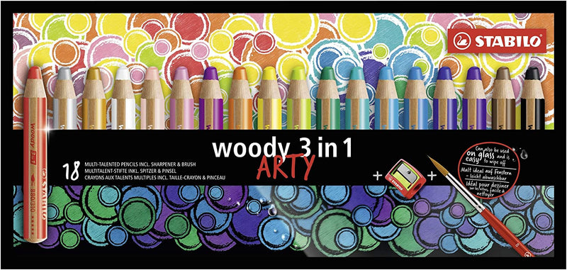 STABILO Woody 3 in 1 ARTY - Pack of 18 - Assorted Colours with Sharpener and Paint Brush