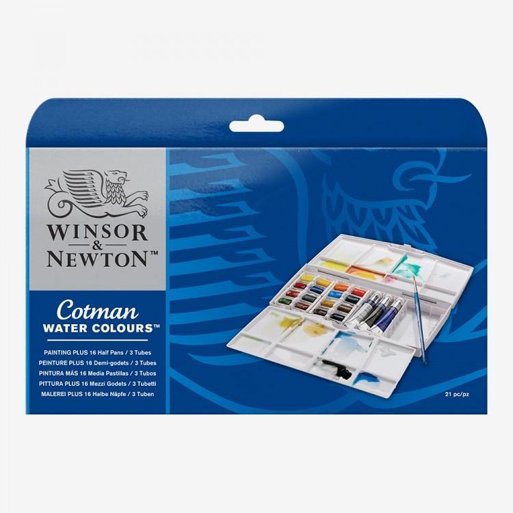 Winsor & Newton Cotman Watercolour Painting Plus Set (16 Half Pans + 3 Tubes) - Art & Office